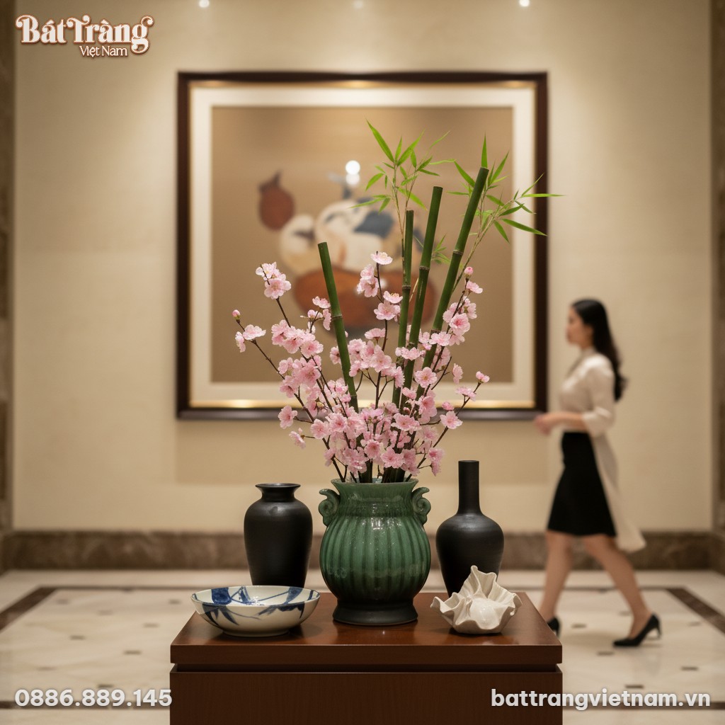 Lọ hoa men ngọc xanh d&aacute;ng bầu BT-LHS44 đặt tran...