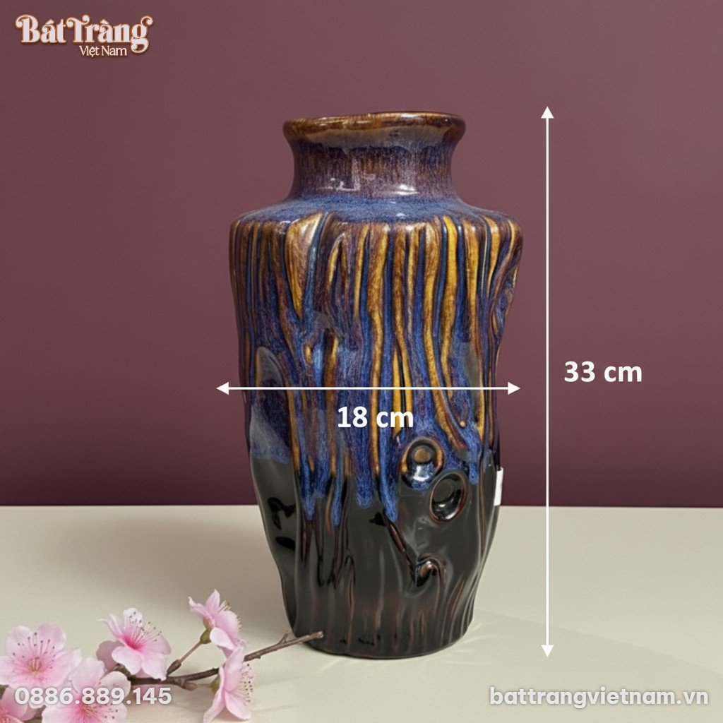 K&iacute;ch thước Lọ hoa d&aacute;ng gốc c&acirc;y men xanh n&acirc;u hoả biến BT-LHS37