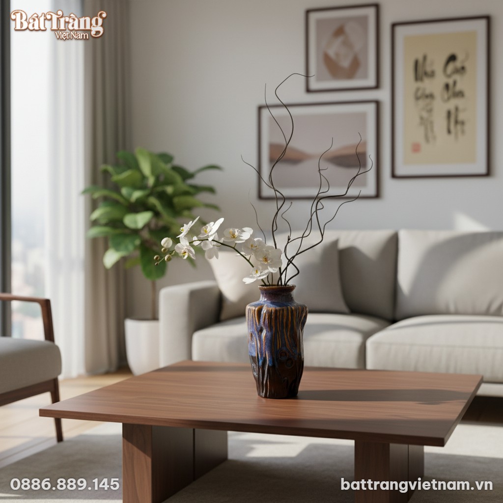 Lọ hoa gốm B&aacute;t Tr&agrave;ng men xanh n&acirc;u hoả biến, cao...