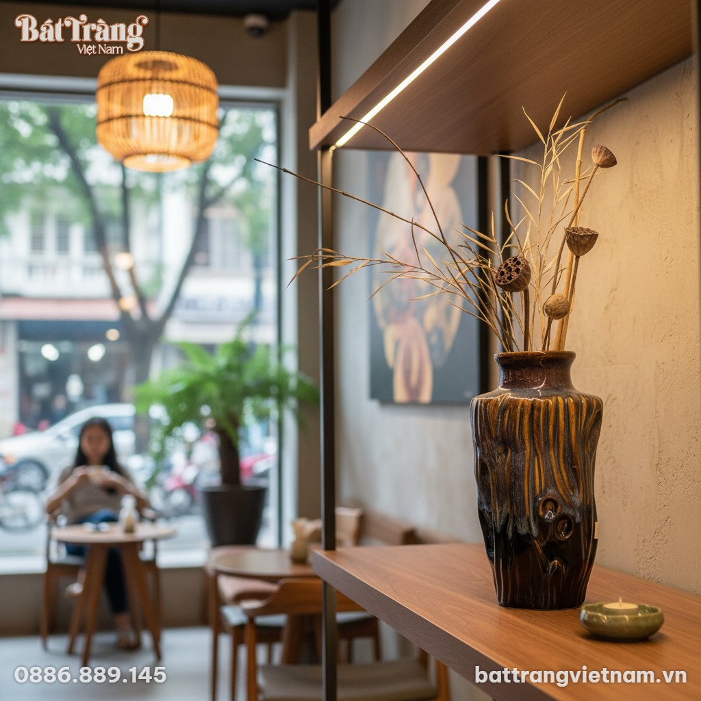 Lọ hoa gốm B&aacute;t Tr&agrave;ng men xanh n&acirc;u hoả biến, cao...