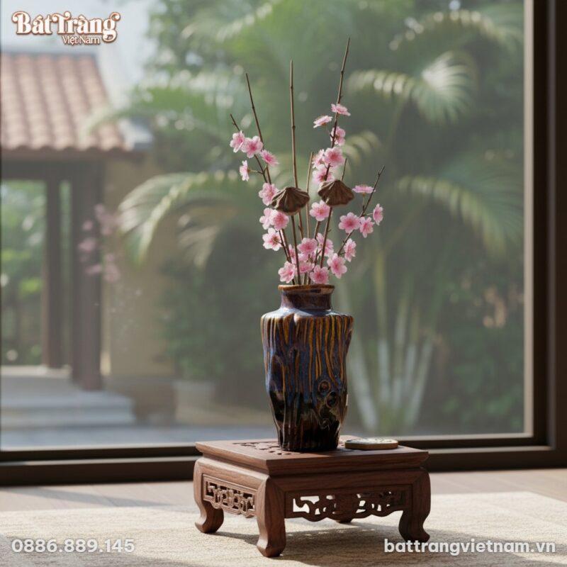 Cận cảnh lọ hoa gốm Bát Tràng men xanh nâu hoả ...