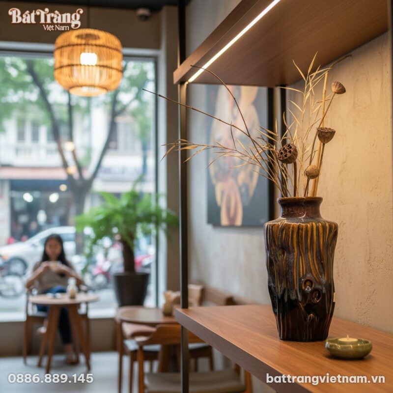 Lọ hoa gốm Bát Tràng men xanh nâu hoả biến, cao...