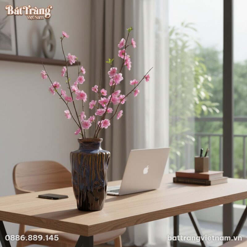 Lọ hoa gốm Bát Tràng men xanh nâu hoả biến, cao...