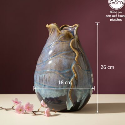 Kích thước Lọ hoa dáng lá sen men xanh nâu hoả biến BT-LHS41