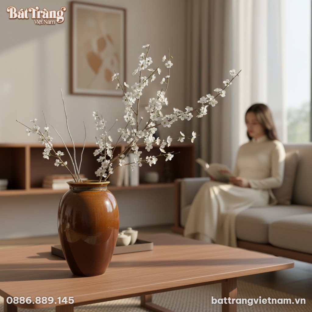 Cận cảnh lọ hoa gốm sứ B&aacute;t Tr&agrave;ng d&aacute;ng chum men ...