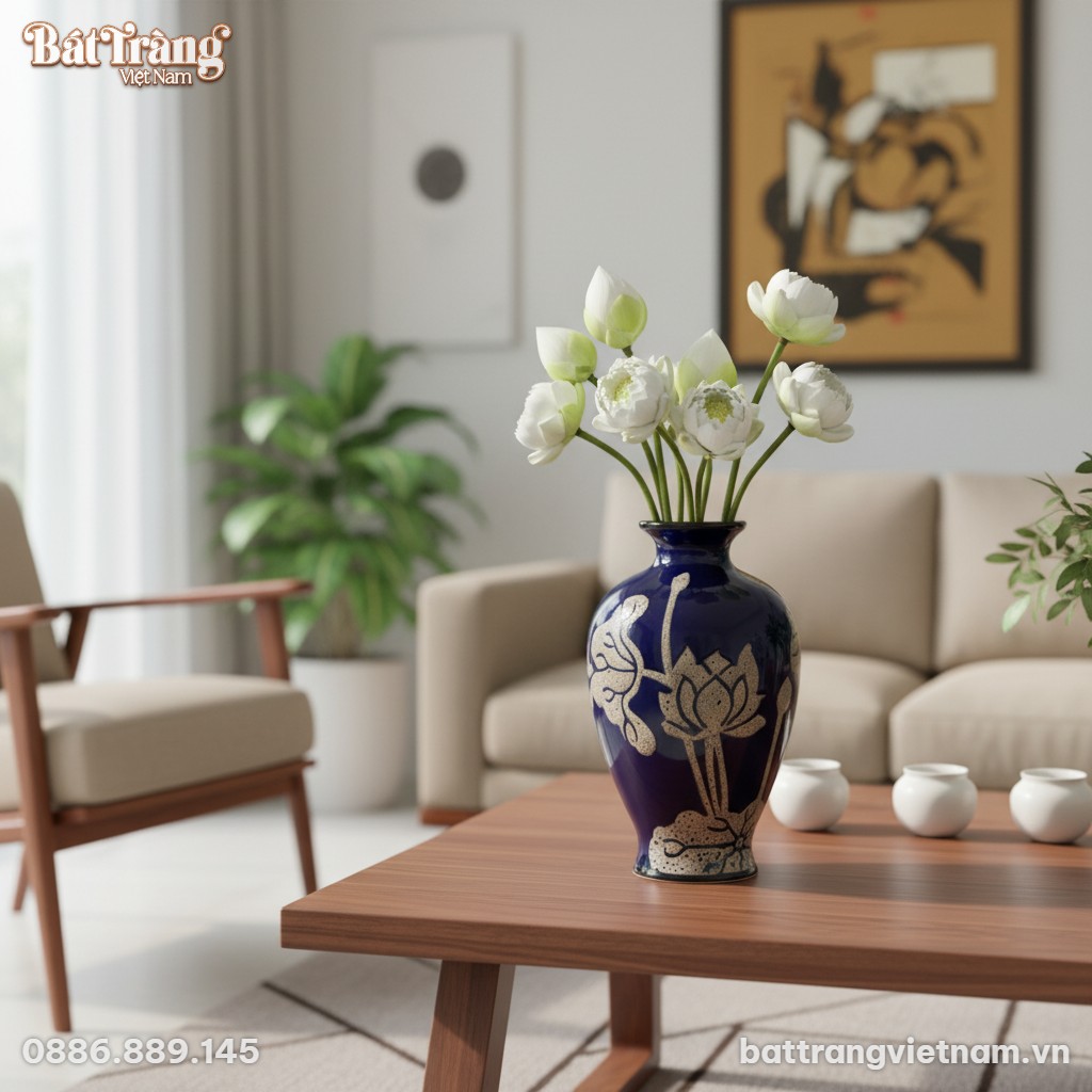 Lọ hoa sen B&aacute;t Tr&agrave;ng men lam (cao 28cm) tr&ecirc;n b&agrave;...