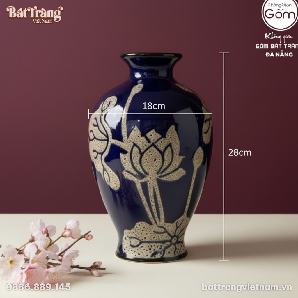 K&iacute;ch thước Lọ hoa vẽ hoa sen xanh coban d&aacute;ng bảo b&igrave;nh BT-LHS36