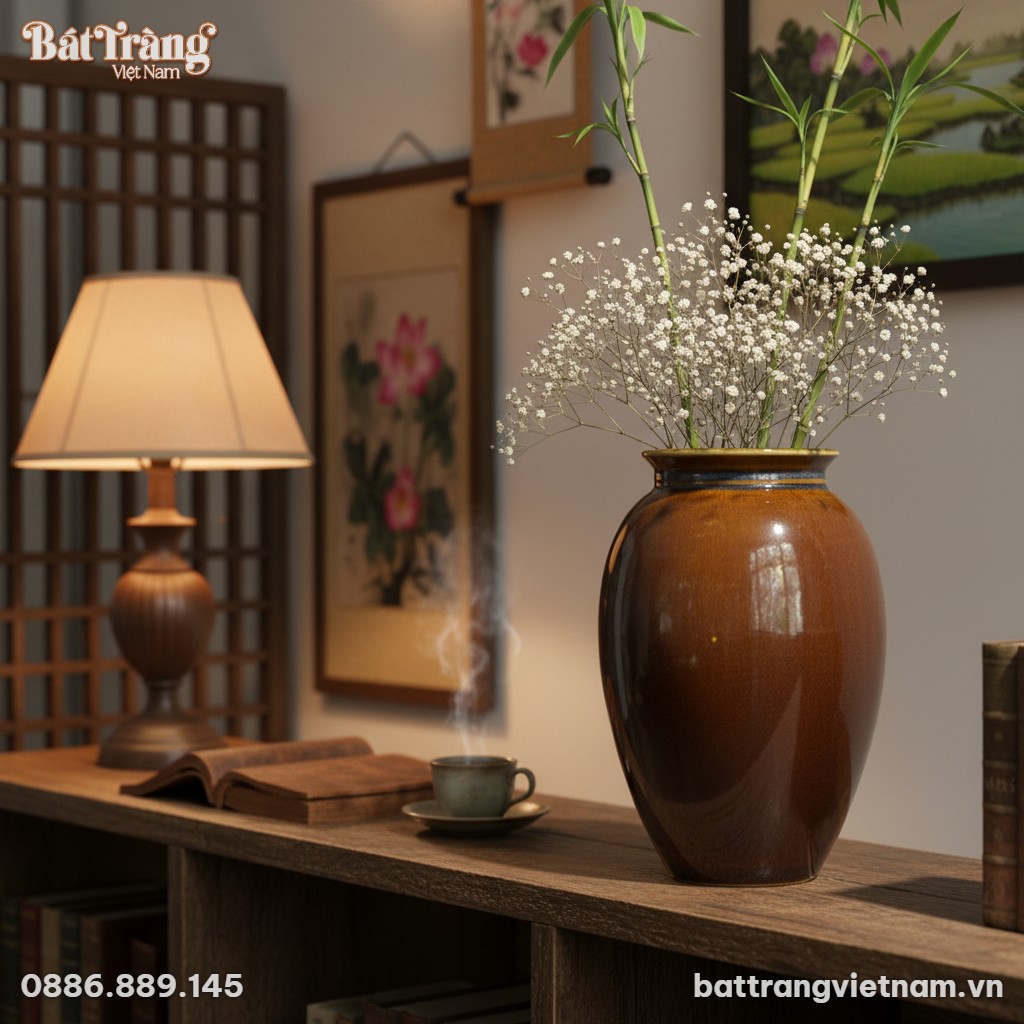 Cận cảnh lọ hoa gốm sứ B&aacute;t Tr&agrave;ng men n&acirc;u hoả bi...