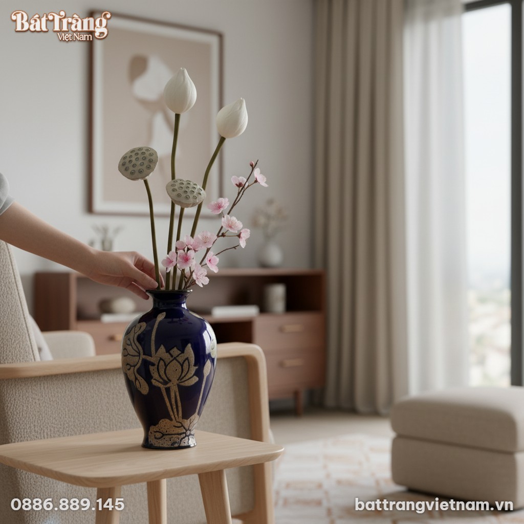 Cận cảnh lọ hoa sen B&aacute;t Tr&agrave;ng (cao 28cm), tập t...