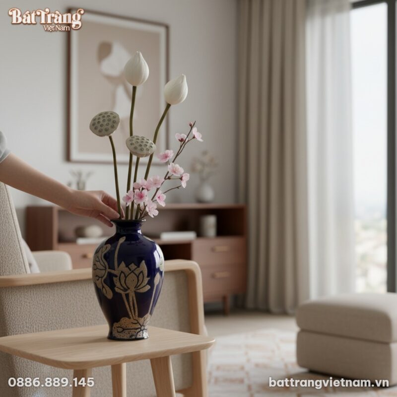 Cận cảnh lọ hoa sen Bát Tràng (cao 28cm), tập t...