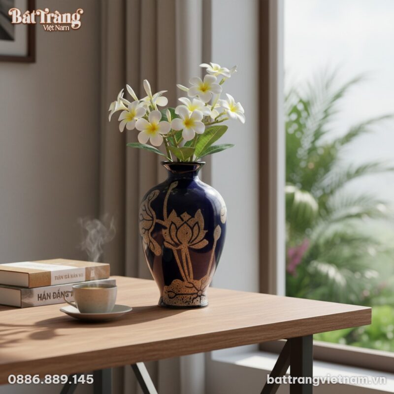 Lọ hoa sen Bát Tràng (cao 28cm) trên góc bàn là...