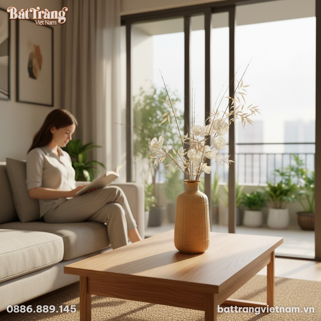 Lọ hoa gốm B&aacute;t Tr&agrave;ng d&aacute;ng trụ v&acirc;n nổi men kem c...