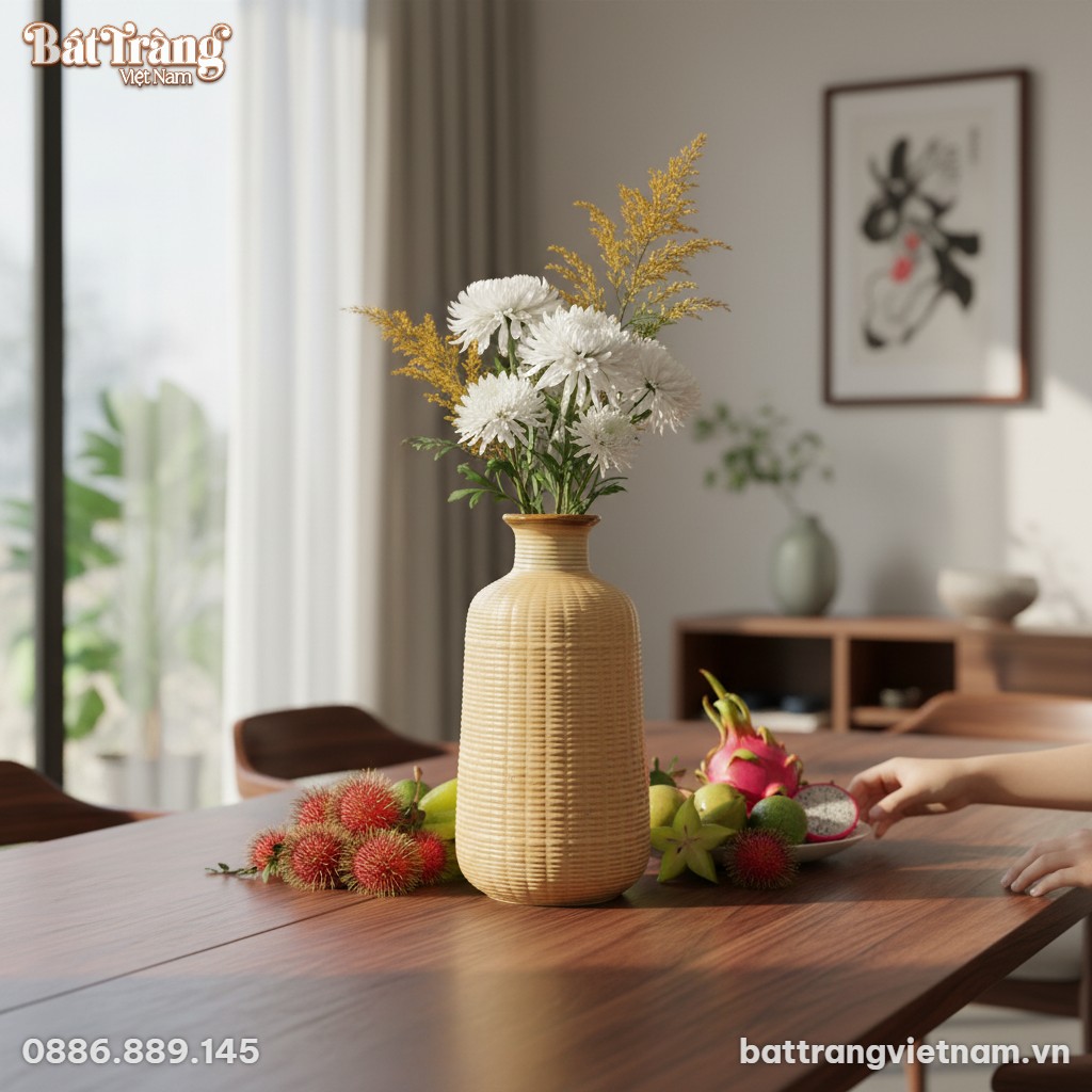 Cận cảnh lọ hoa gốm B&aacute;t Tr&agrave;ng v&acirc;n nổi men kem c...