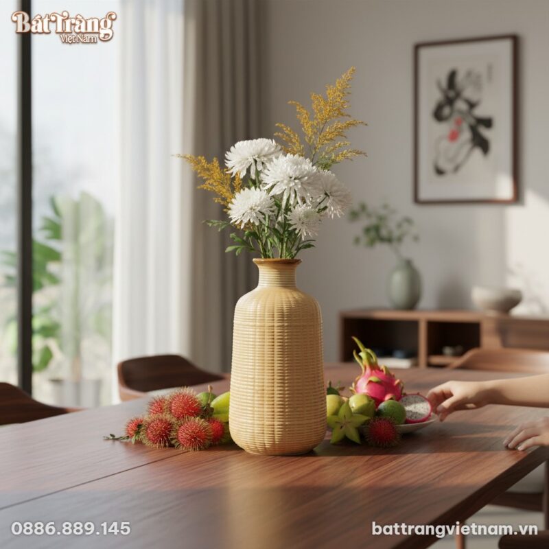 Cận cảnh lọ hoa gốm Bát Tràng vân nổi men kem c...