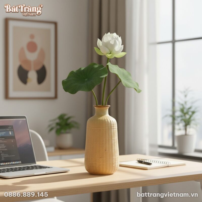 Lọ hoa gốm Bát Tràng dáng trụ vân nổi men kem c...