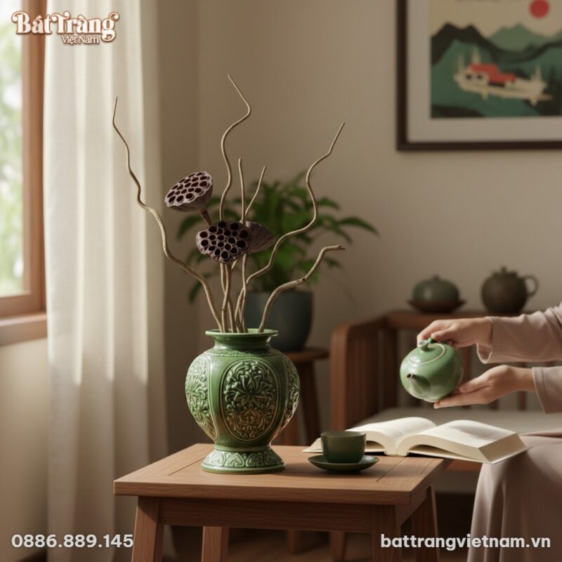 Góc nhìn cận cảnh lọ hoa men lục bảo 22cm trên ...