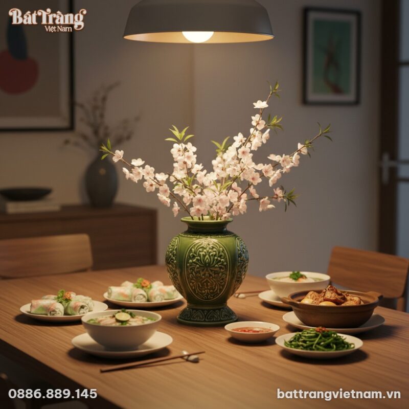 Lọ hoa men lục bảo 22cm nổi bật giữa bàn ăn gỗ ...