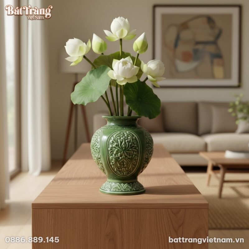 Một lọ hoa men lục bảo 22cm cắm hoa sen trắng t...