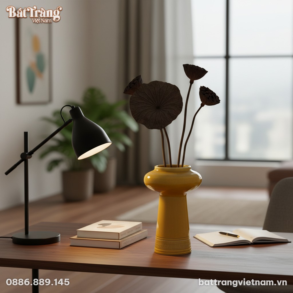 Lọ hoa men v&agrave;ng n&acirc;u d&aacute;ng BT-LHS43 đặt tr&ecirc;n b&agrave;n ...