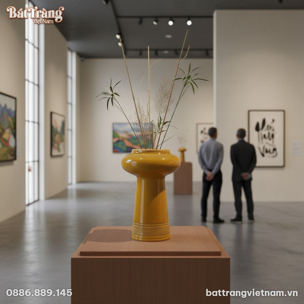 Lọ hoa men v&agrave;ng n&acirc;u d&aacute;ng BT-LHS43 với họa tiết ...