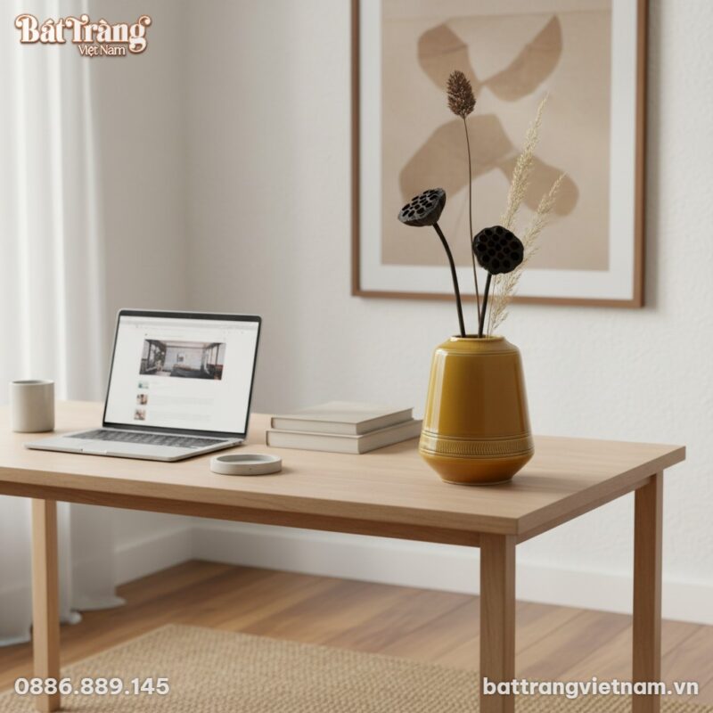 Góc làm việc tinh tế tại nhà, lọ hoa men vàng m...
