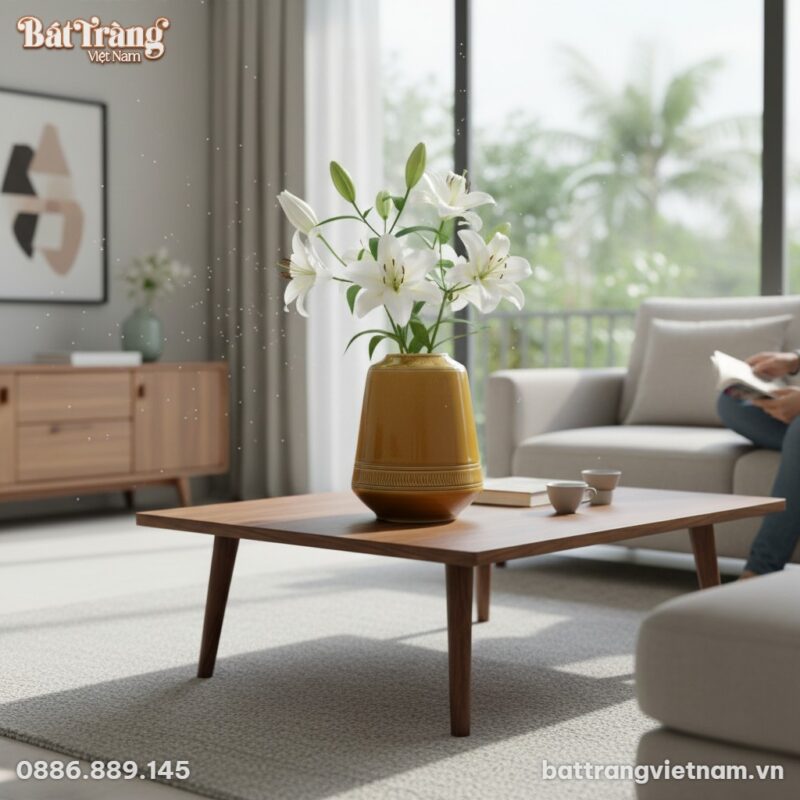 Lọ hoa men vàng mù tạt dáng chum trụ thấp BT-LH...