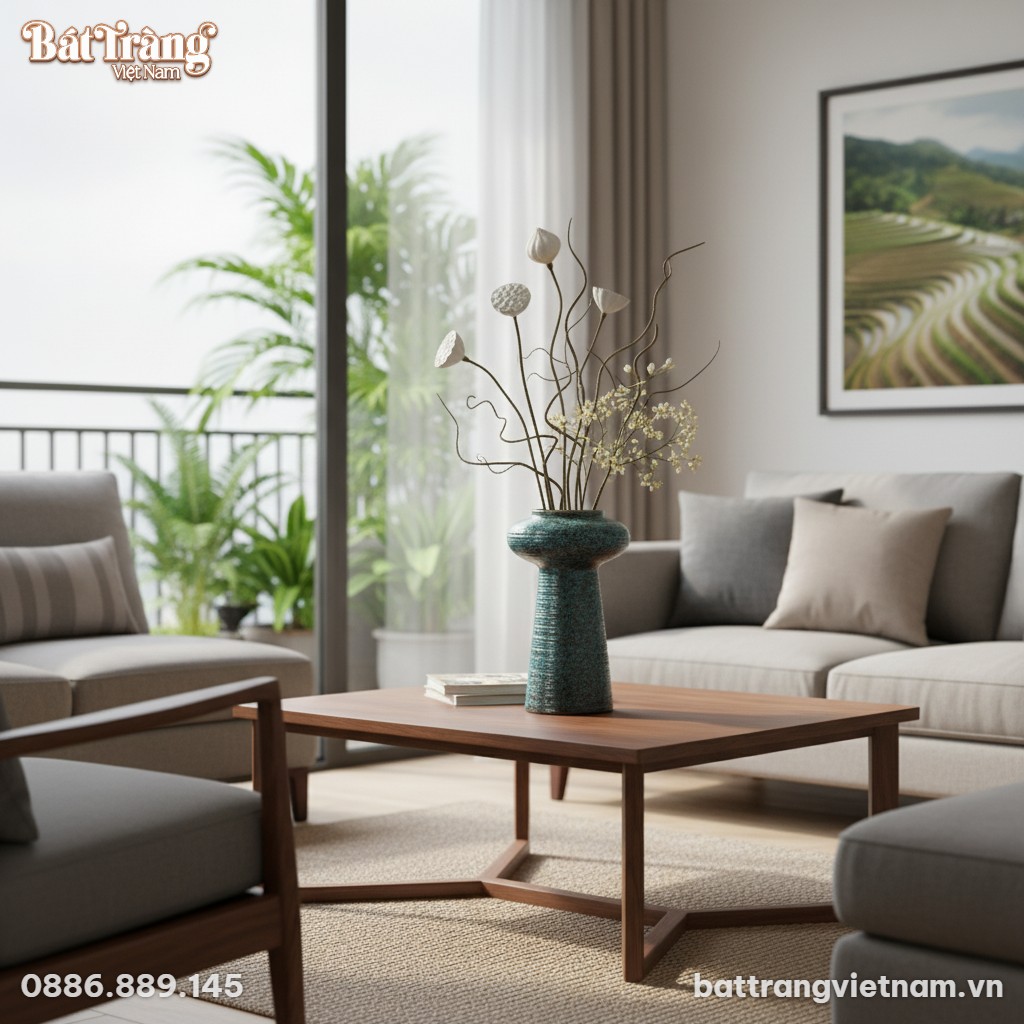 Một lọ hoa gốm men v&acirc;n đ&aacute; hoả biến xanh đen d&aacute;n...