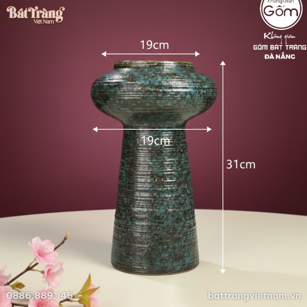 K&iacute;ch thước Lọ hoa trụ men v&acirc;n đ&aacute; hoả biến xanh đen BT_LHS36