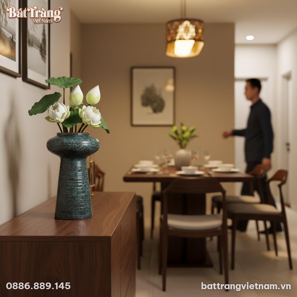 Lọ hoa gốm men v&acirc;n đ&aacute; hoả biến xanh đen d&aacute;ng tr...