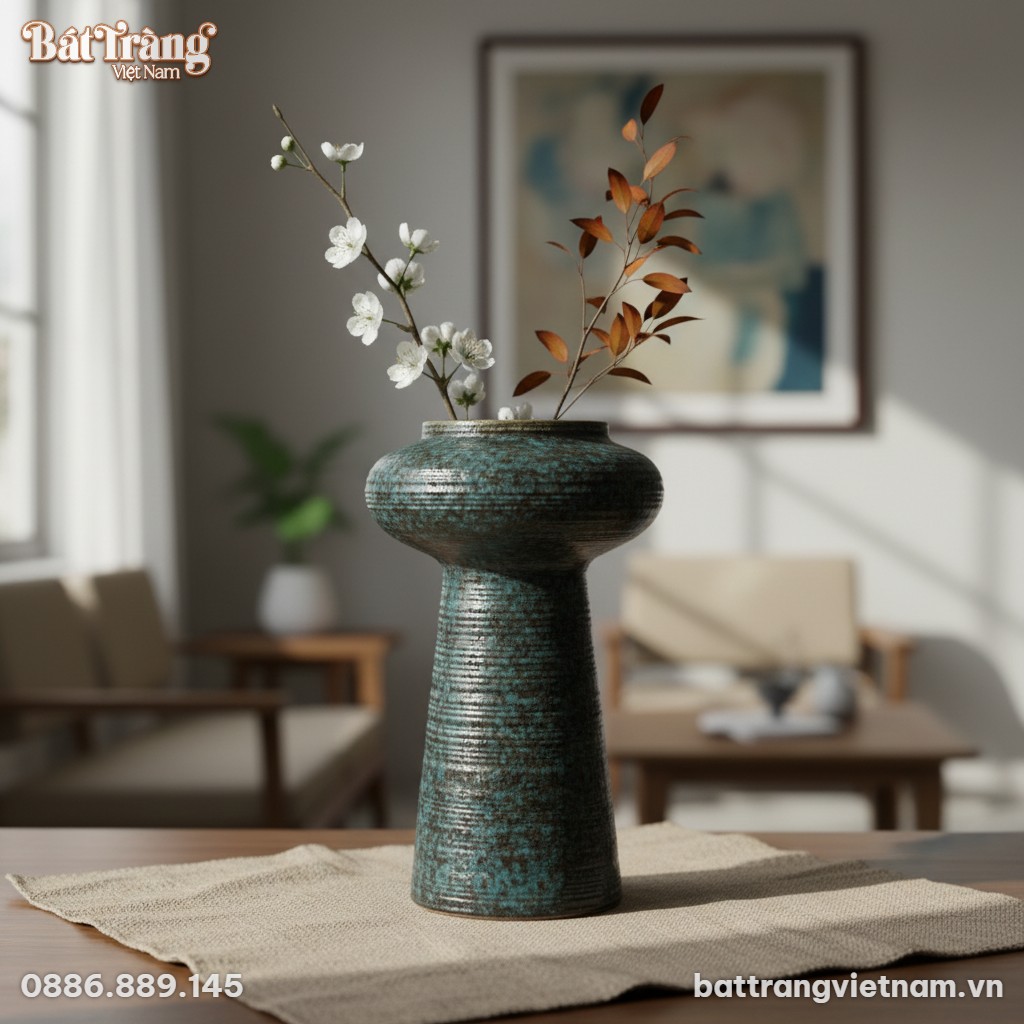 Cận cảnh lọ hoa gốm men v&acirc;n đ&aacute; hoả biến xanh đe...