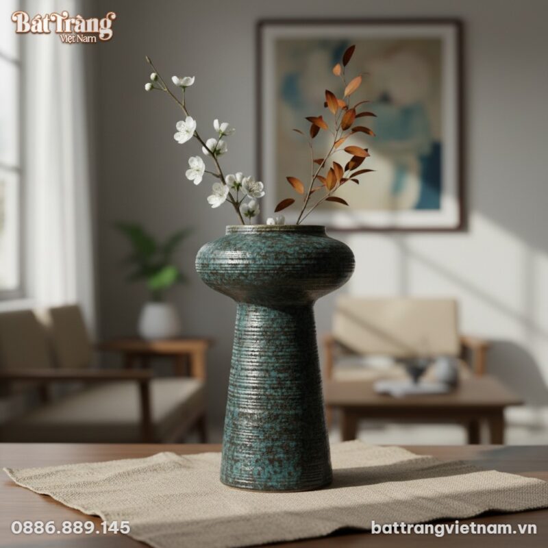 Cận cảnh lọ hoa gốm men vân đá hoả biến xanh đe...