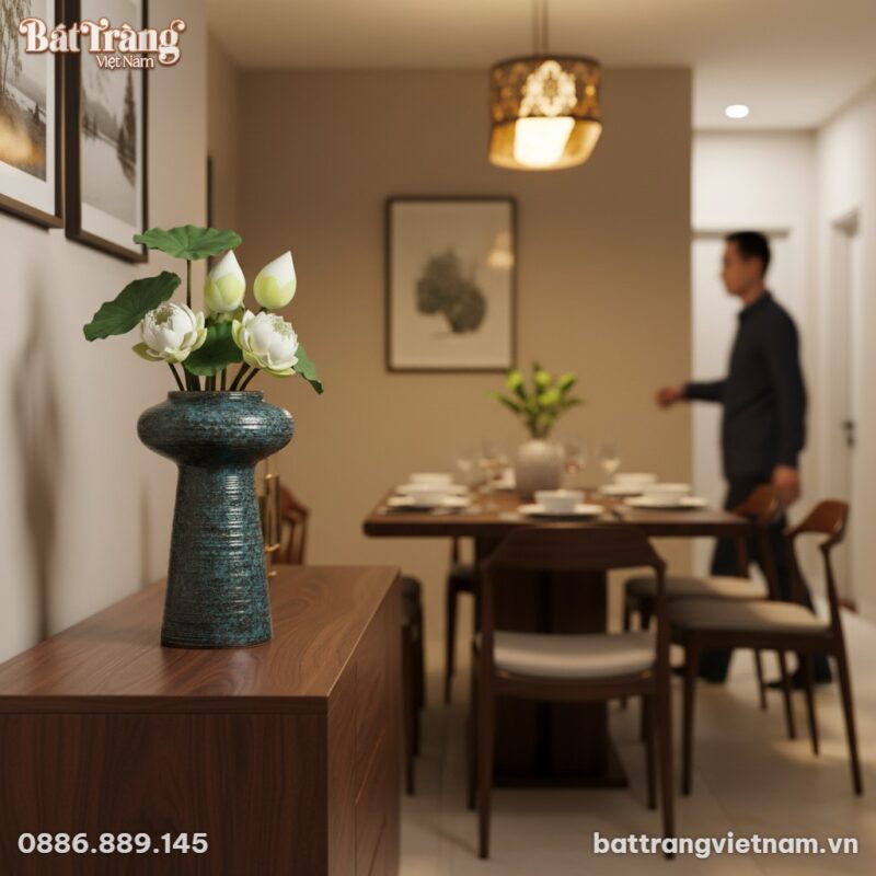 Lọ hoa gốm men vân đá hoả biến xanh đen dáng tr...