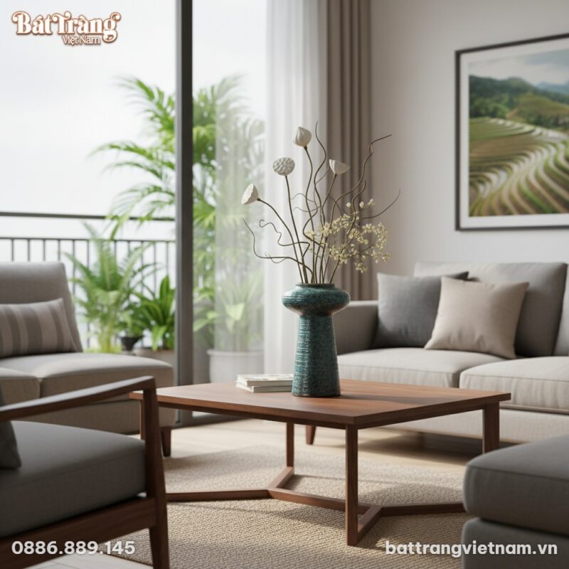 Một lọ hoa gốm men vân đá hoả biến xanh đen dán...