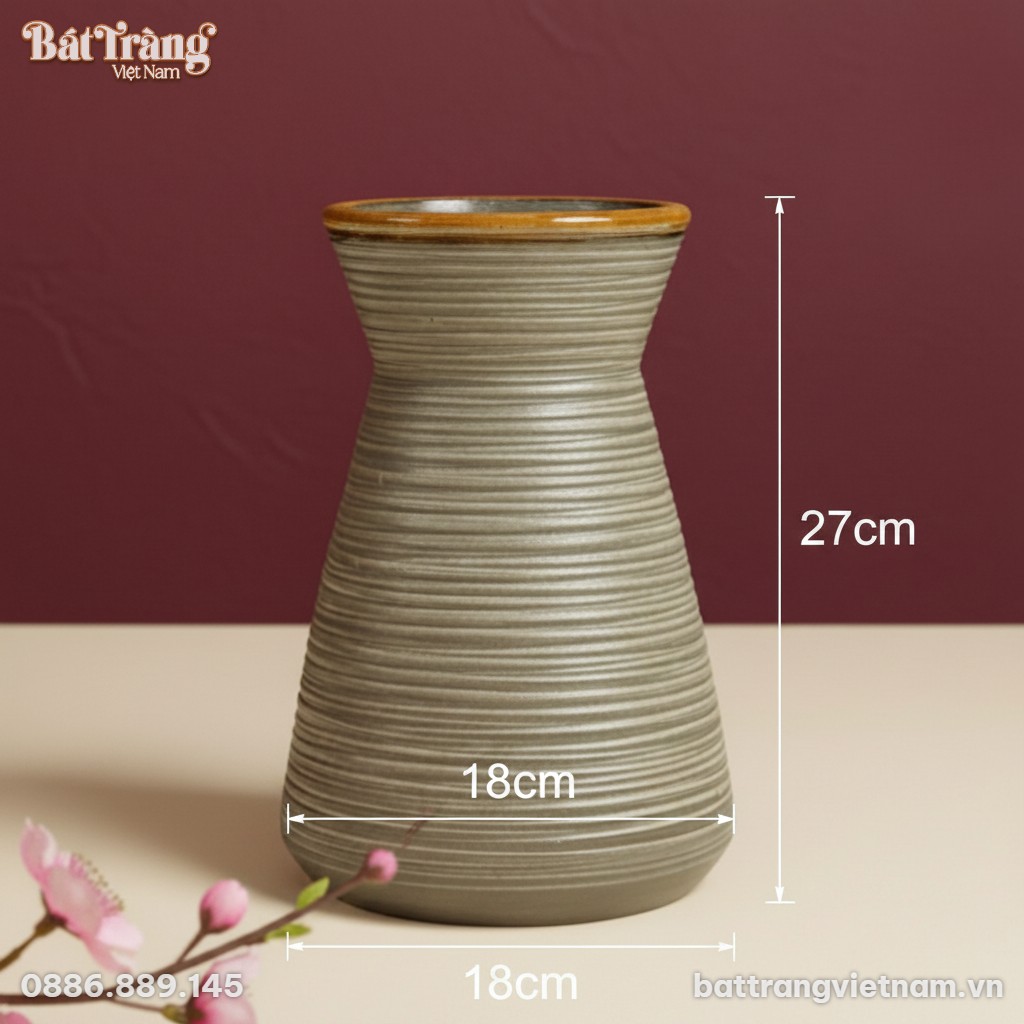 K&iacute;ch thước Lọ vuốt tay gốm mộc d&aacute;ng ch&acirc;n v&aacute;y miệng loe BT-LHS33