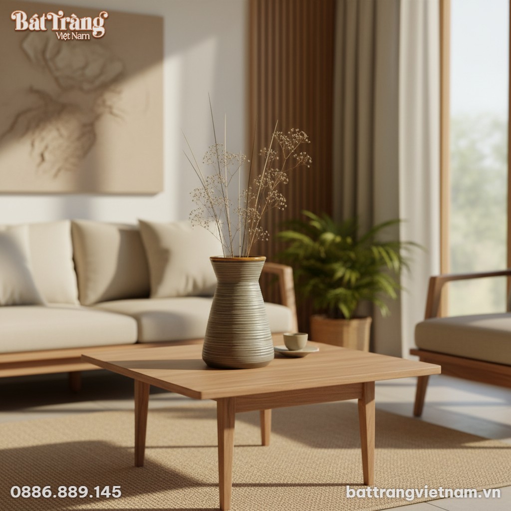 Lọ gốm mộc B&aacute;t Tr&agrave;ng đặt tr&ecirc;n b&agrave;n tr&agrave; gỗ thấp t...