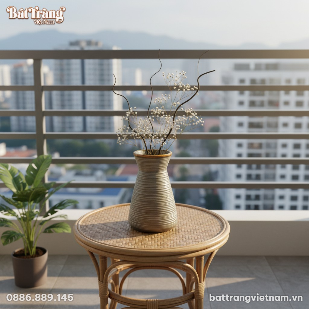 Lọ gốm B&aacute;t Tr&agrave;ng d&aacute;ng ch&acirc;n v&aacute;y đặt tr&ecirc;n b&agrave;n nhỏ...