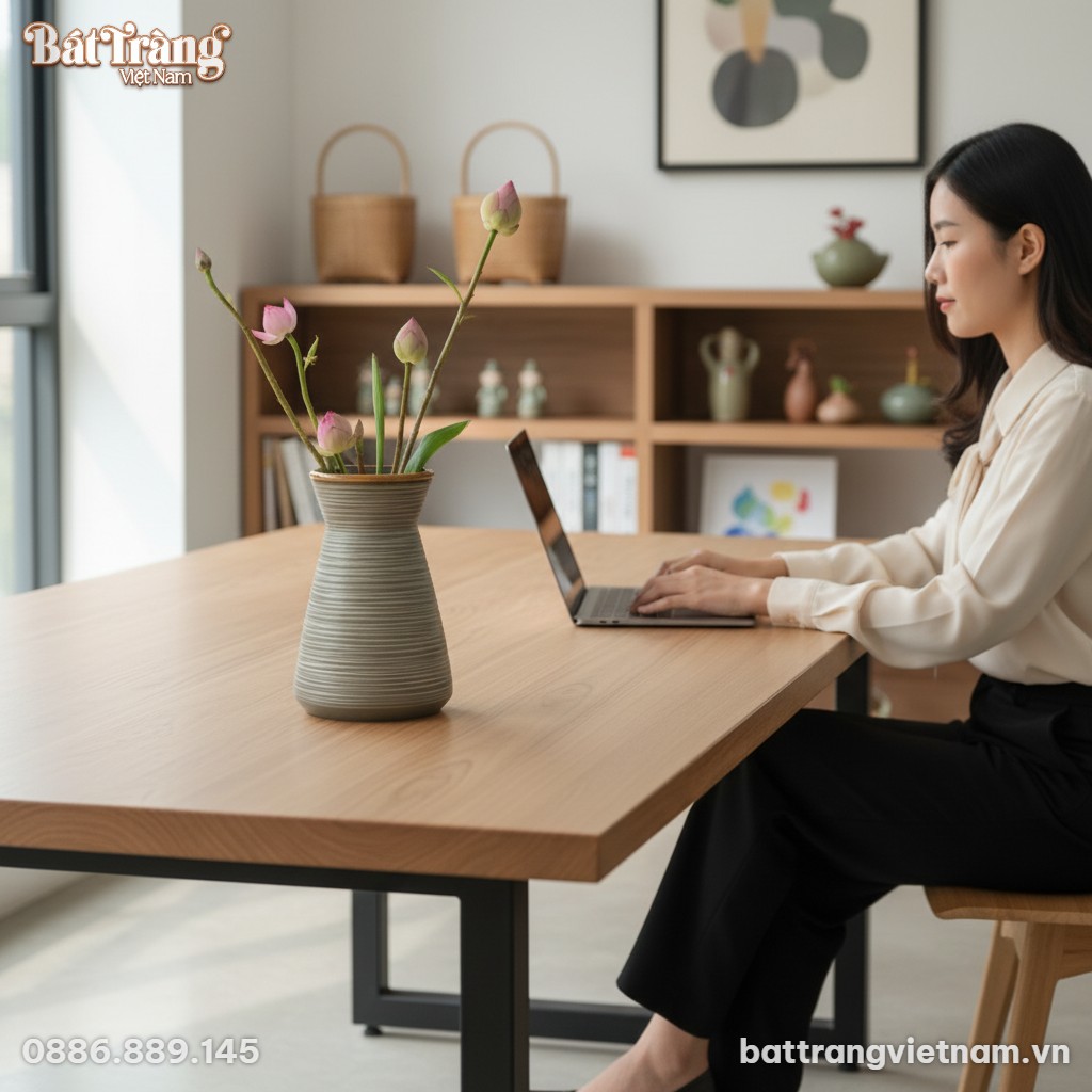 Lọ gốm B&aacute;t Tr&agrave;ng d&aacute;ng ch&acirc;n v&aacute;y đặt tr&ecirc;n b&agrave;n l&agrave;m...