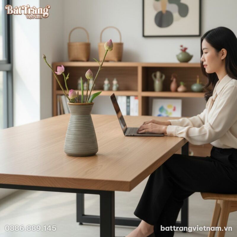 Lọ gốm Bát Tràng dáng chân váy đặt trên bàn làm...