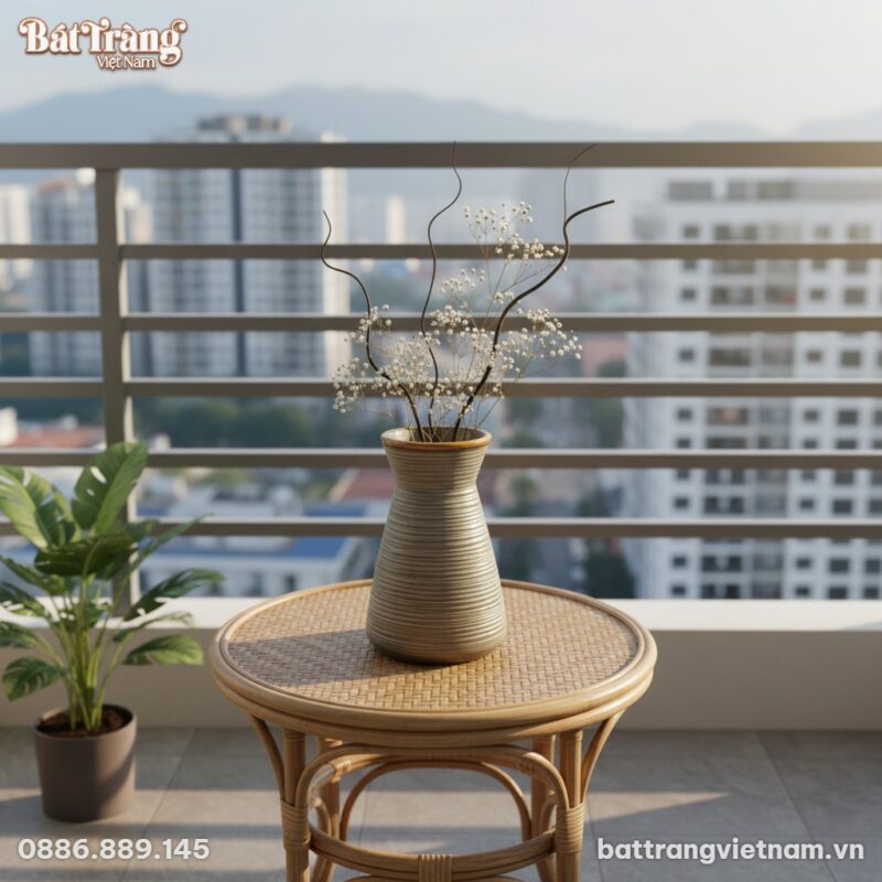 Lọ gốm Bát Tràng dáng chân váy đặt trên bàn nhỏ...