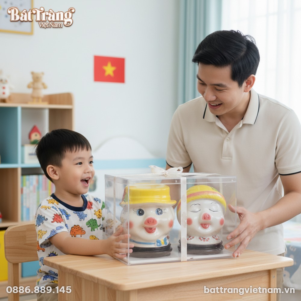 Cận cảnh chú lợn đất gốm sứ Bát Tràng đa sắc 20...