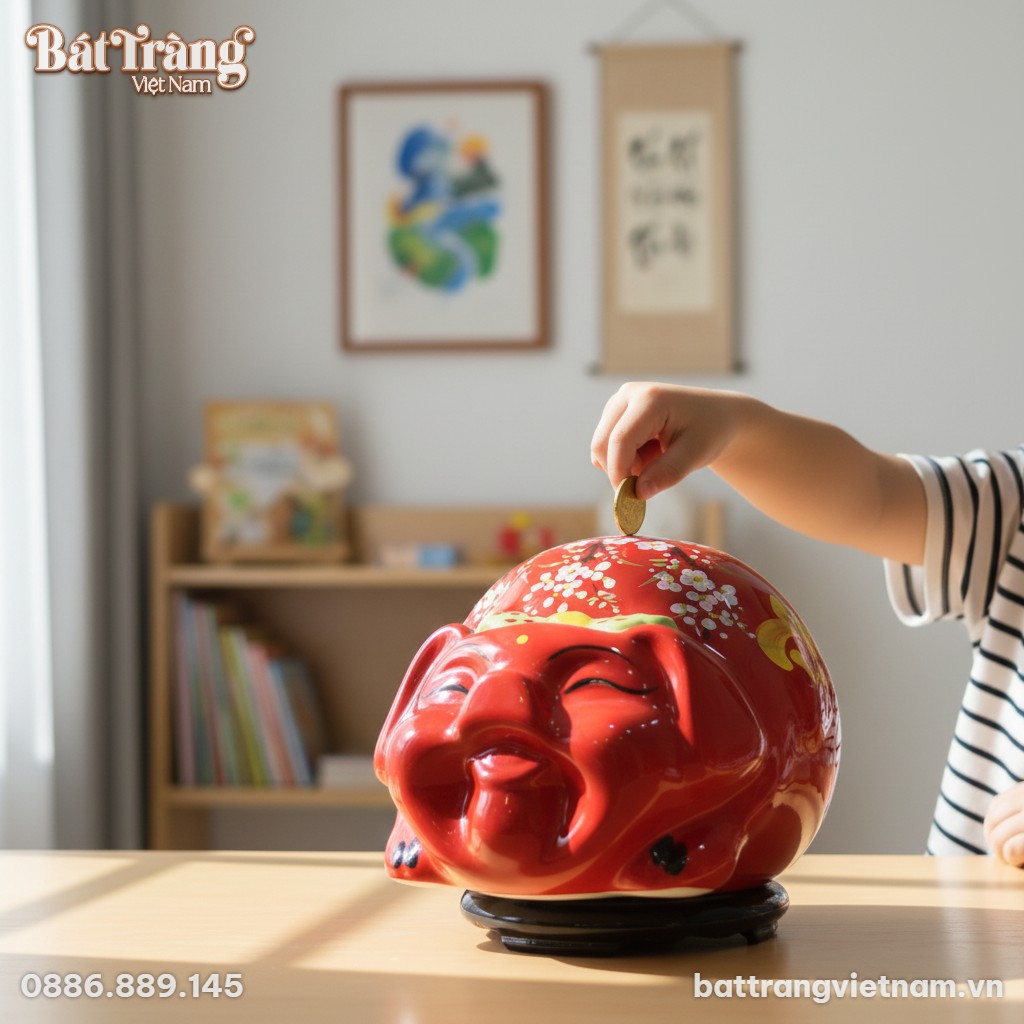 Một đứa trẻ đang đặt đồng xu v&agrave;o ống heo tiết k...