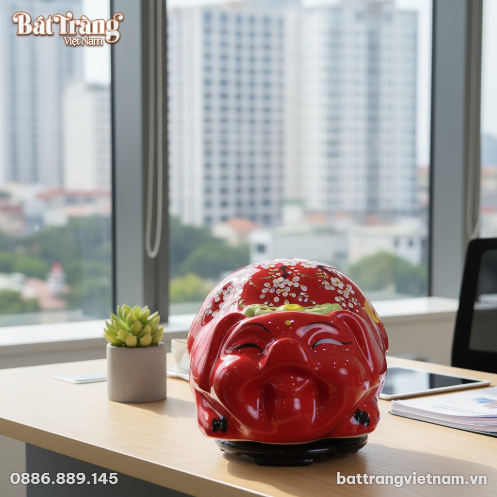 Ống heo tiết kiệm gốm sứ lớn m&agrave;u đỏ chữ Lộc đặt...