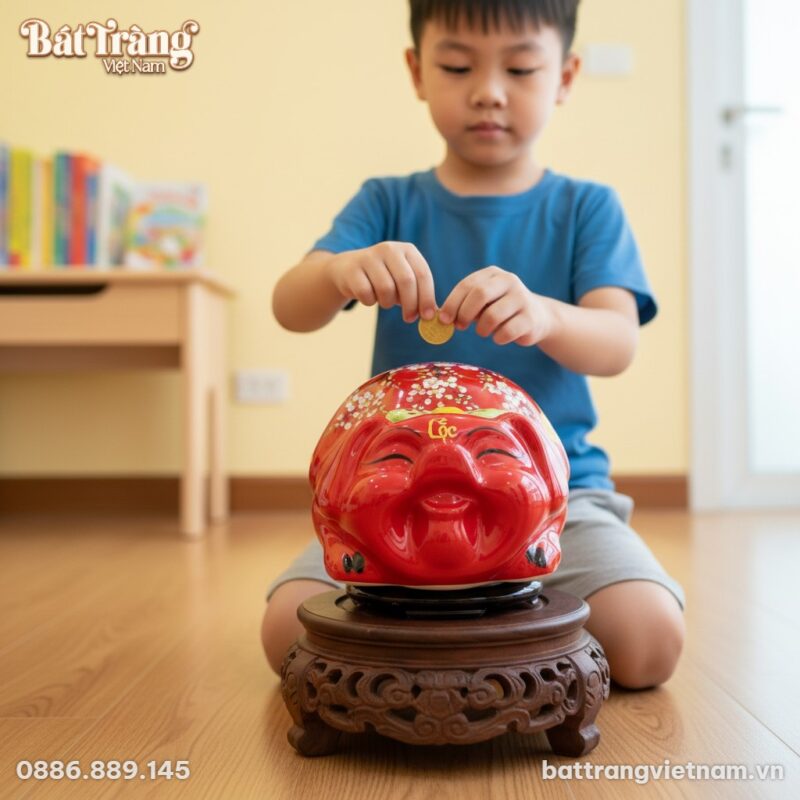 Cận cảnh ống heo tiết kiệm gốm sứ Bát Tràng lớn...