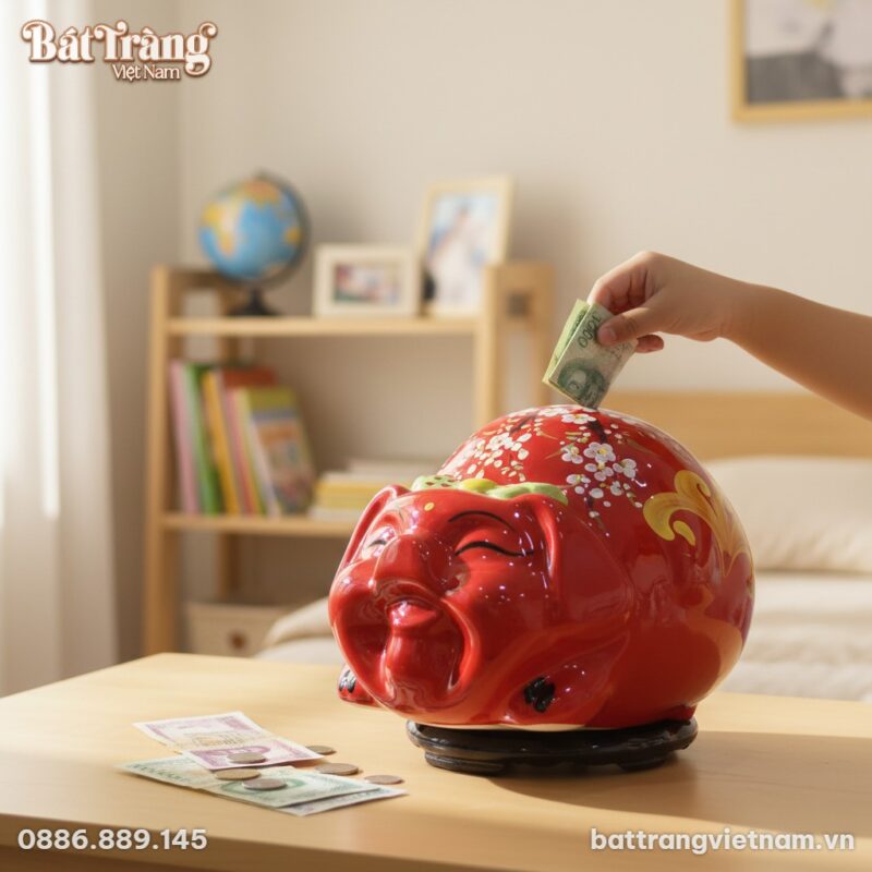 Một đứa trẻ đang đặt tiền việt nam vào ống heo ...