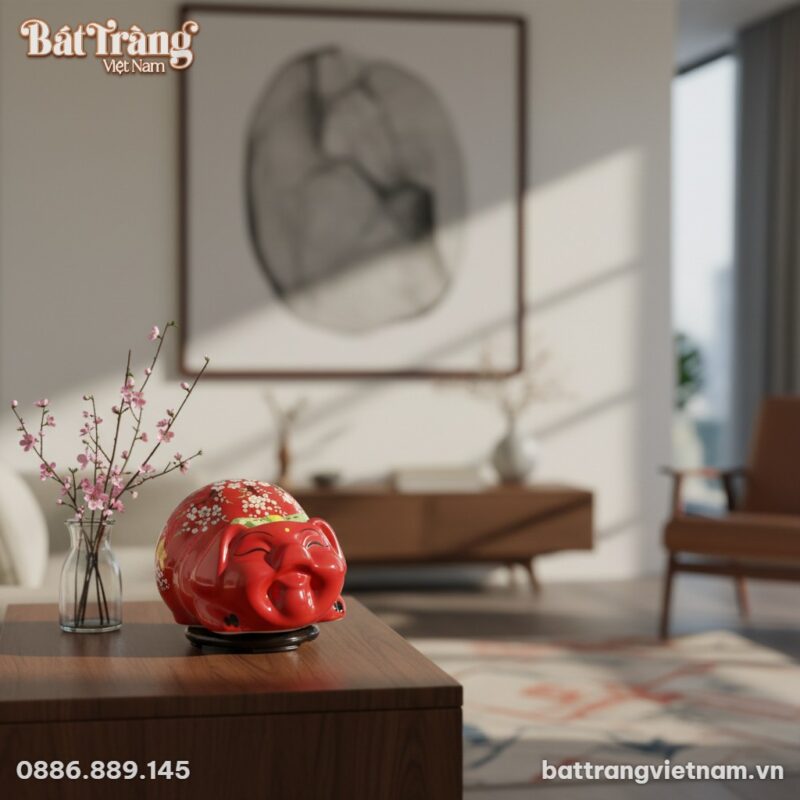 Ống heo tiết kiệm gốm sứ Bát Tràng lớn màu đỏ c...