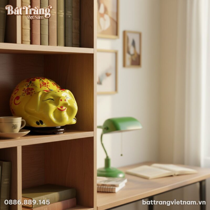 Ống heo "Phúc Lộc" size đại màu vàng nằm trên k...