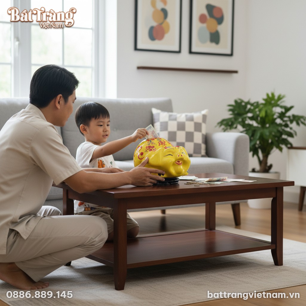 Ống heo gốm sứ Bát Tràng màu vàng chữ Tài Lộc đ...