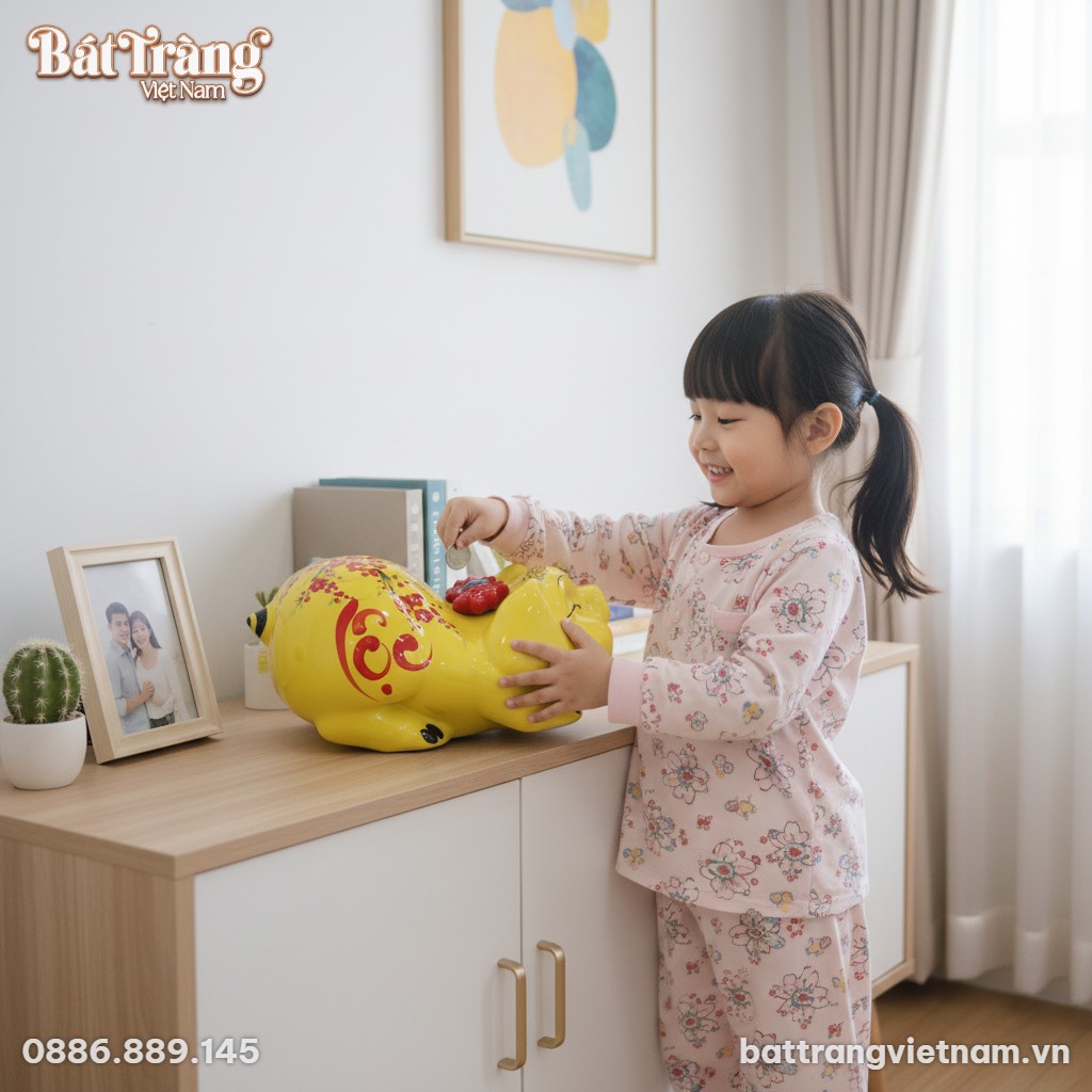 Ống heo gốm sứ Bát Tràng màu vàng chữ Tài Lộc v...