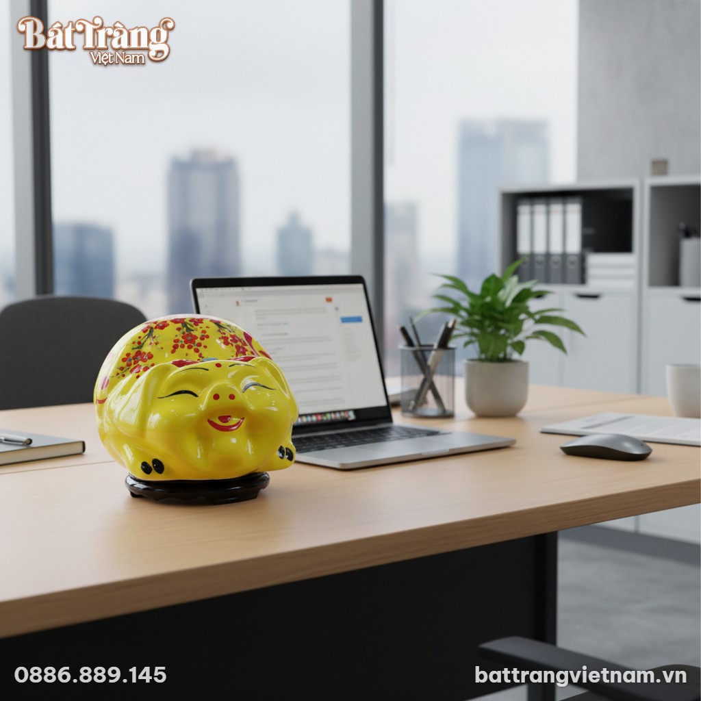 Ống heo gốm sứ Bát Tràng size đại màu vàng chữ ...