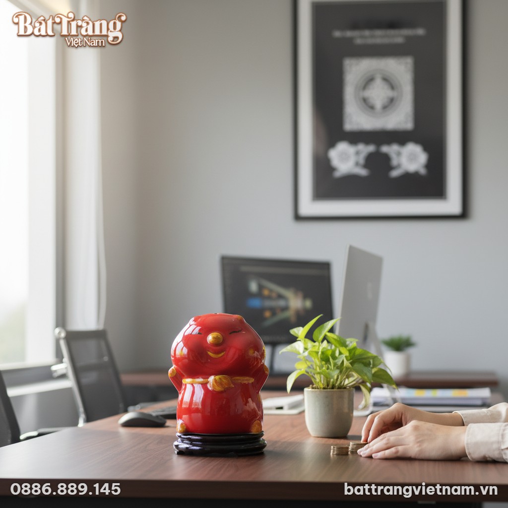 Ống tiết kiệm heo đất đỏ rực rỡ đặt trên bàn là...